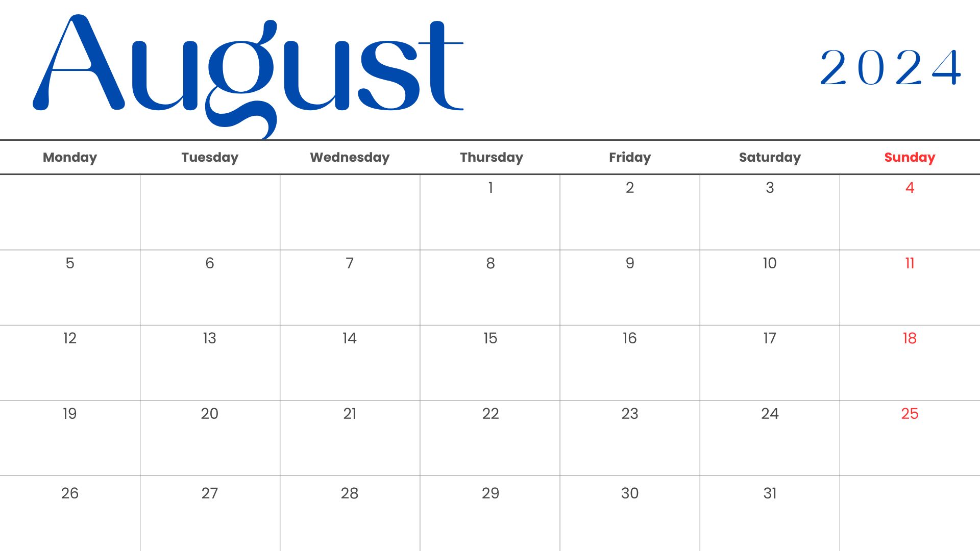 August 2024 Calendar Monday Start - Hanash Daily