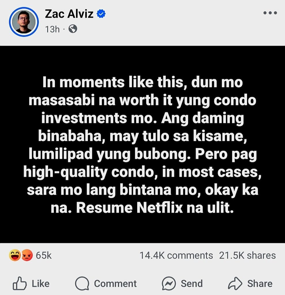 condo investment post of zac alviz screenshot